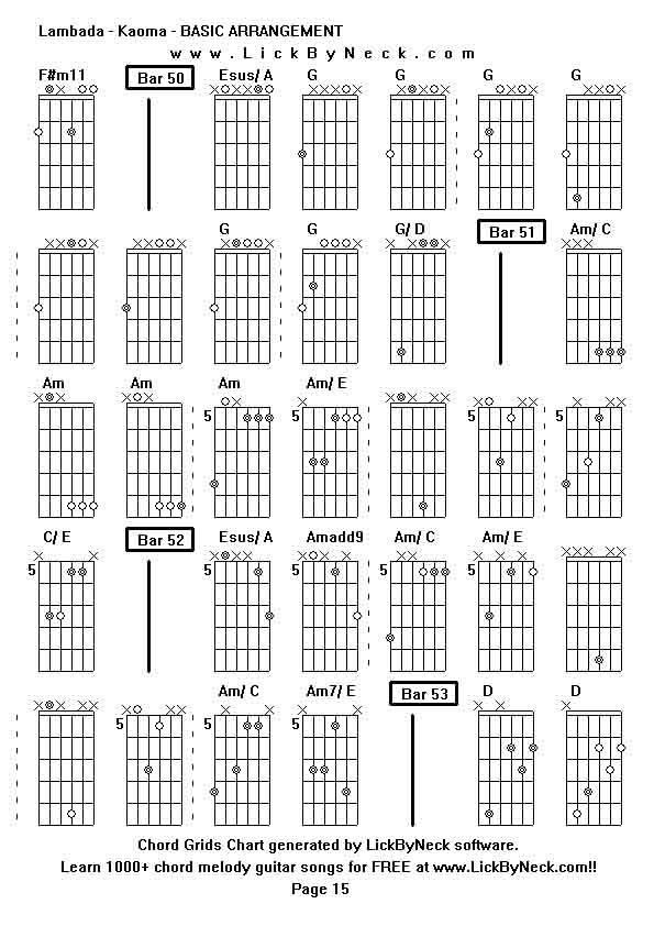 Chord Grids Chart of chord melody fingerstyle guitar song-Lambada - Kaoma - BASIC ARRANGEMENT,generated by LickByNeck software.